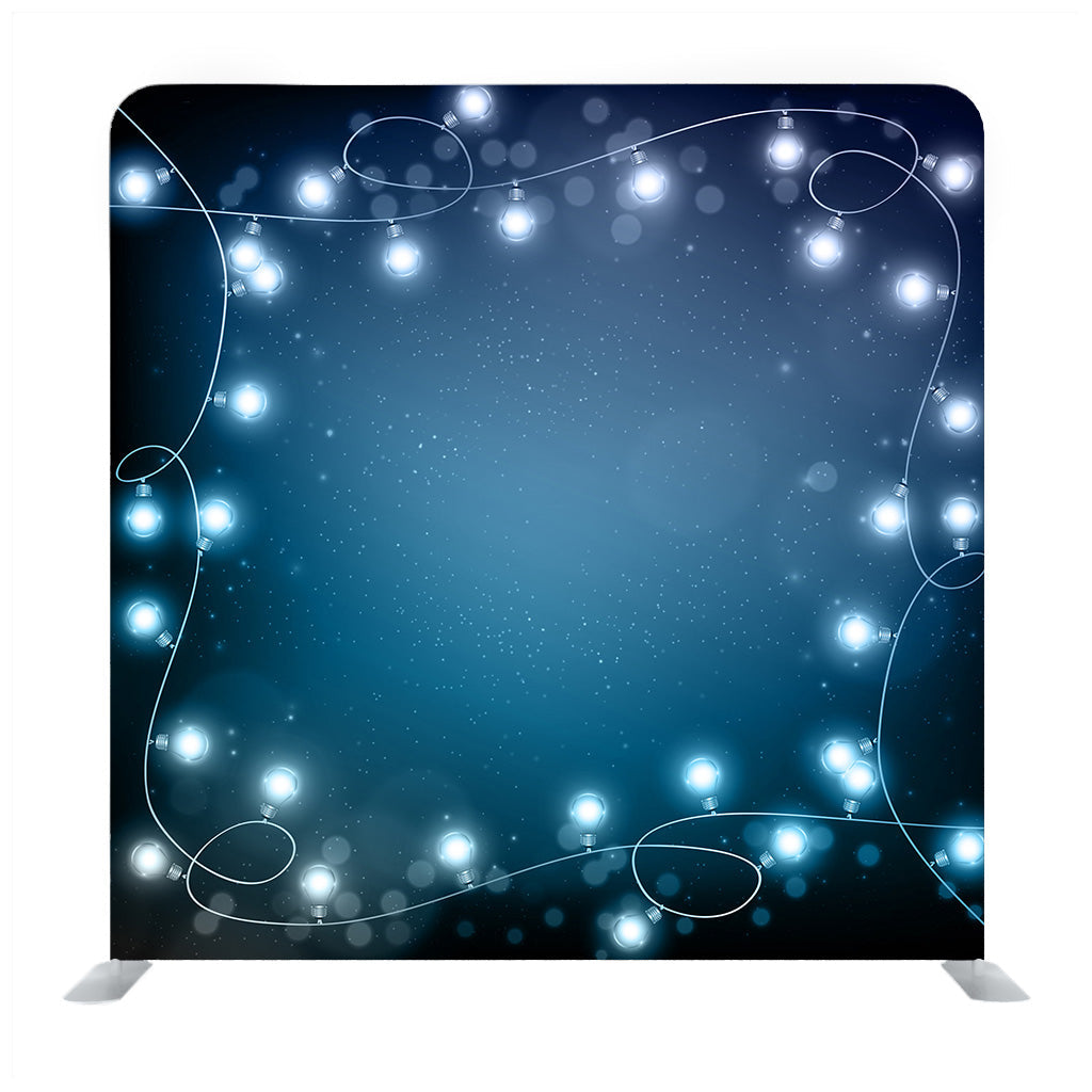 Realistic Lantern Garland on Dark Night Sky Background with Snowflakes Backdrop