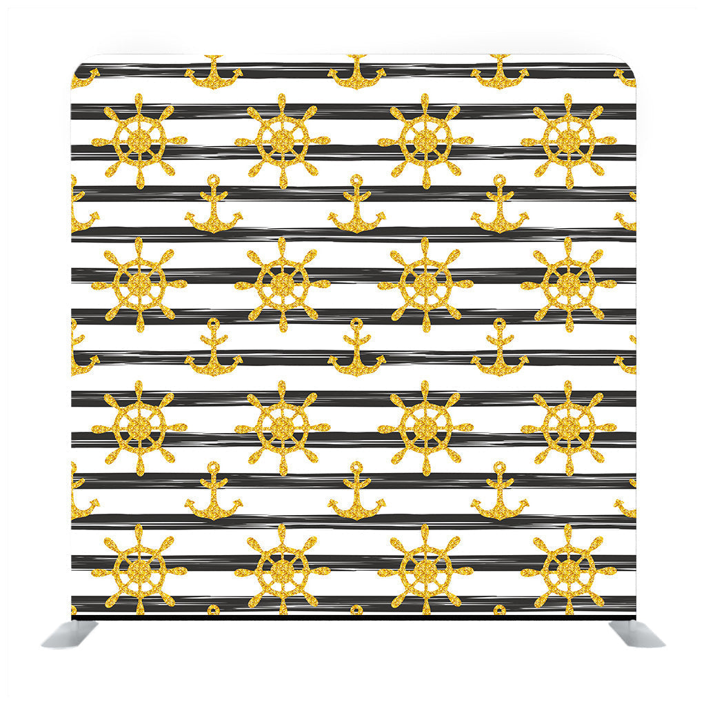 Seamless Nautical Pattern With Glittering Golden Anchors And Ship Wheels On White Black Striped Background. Media Wall